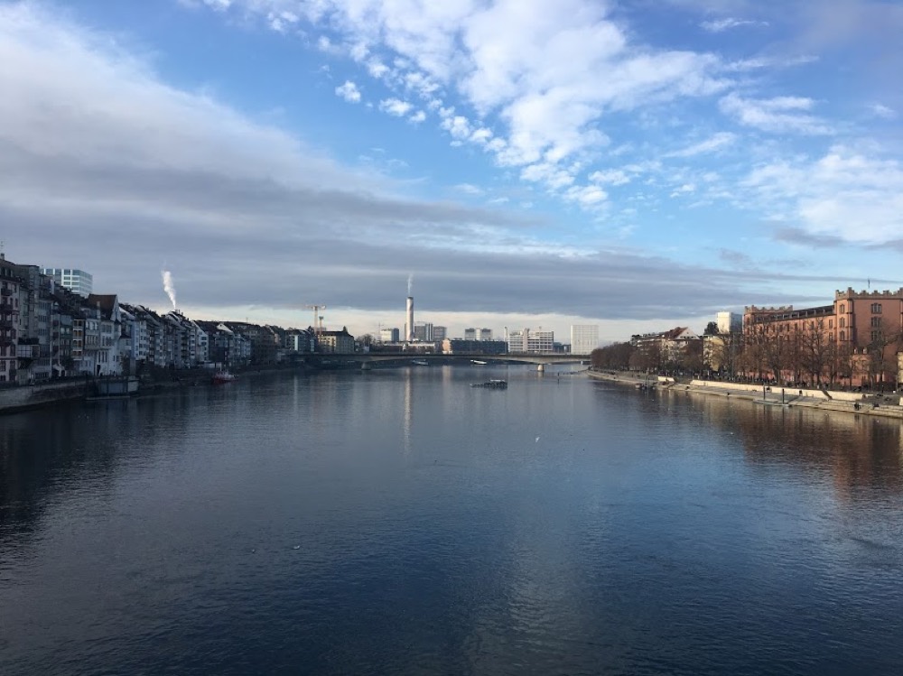 A wide bend of the Rhine, with the city's low rooftops and towers on the far bank.